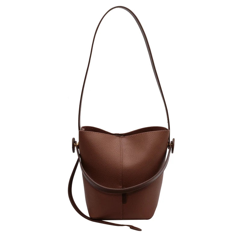 Small Bucket Crossbody for Women Vintage PU Leather Handbags Solid Shoulder Bag