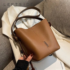 Small Bucket Crossbody for Women Vintage PU Leather Handbags Solid Shoulder Bag