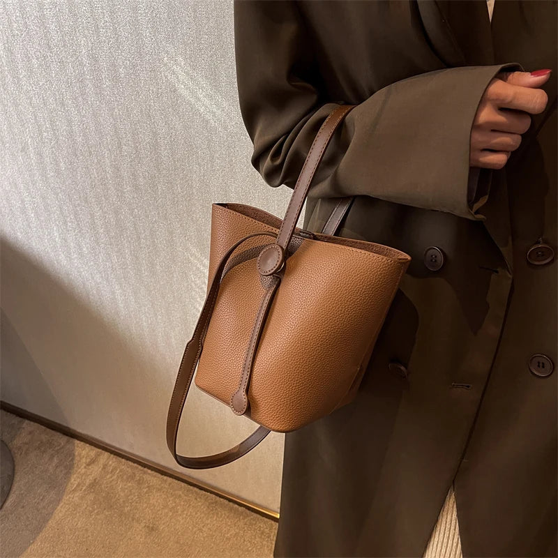 Small Bucket Crossbody for Women Vintage PU Leather Handbags Solid Shoulder Bag