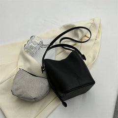 Small Bucket Crossbody for Women Vintage PU Leather Handbags Solid Shoulder Bag