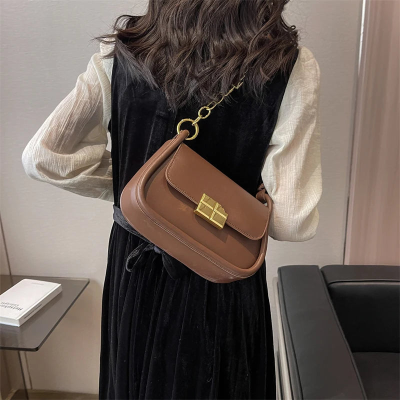 Small PU Leather Saddle Bag Chain Crossbody Purse for Women