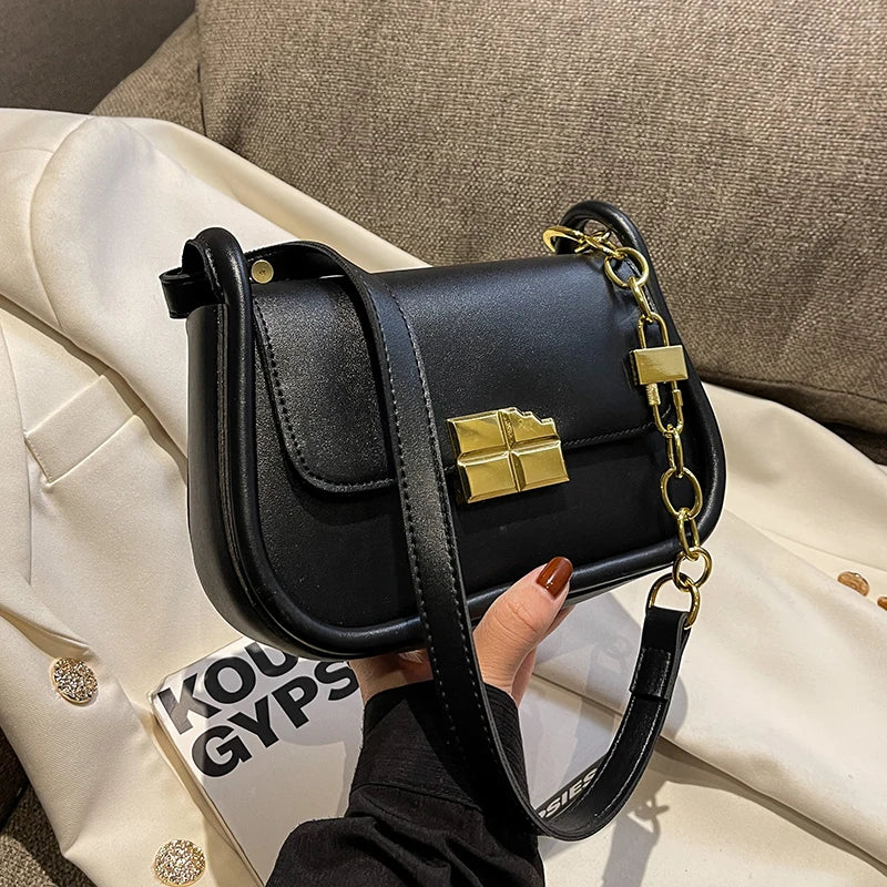 Small PU Leather Saddle Bag Chain Crossbody Purse for Women