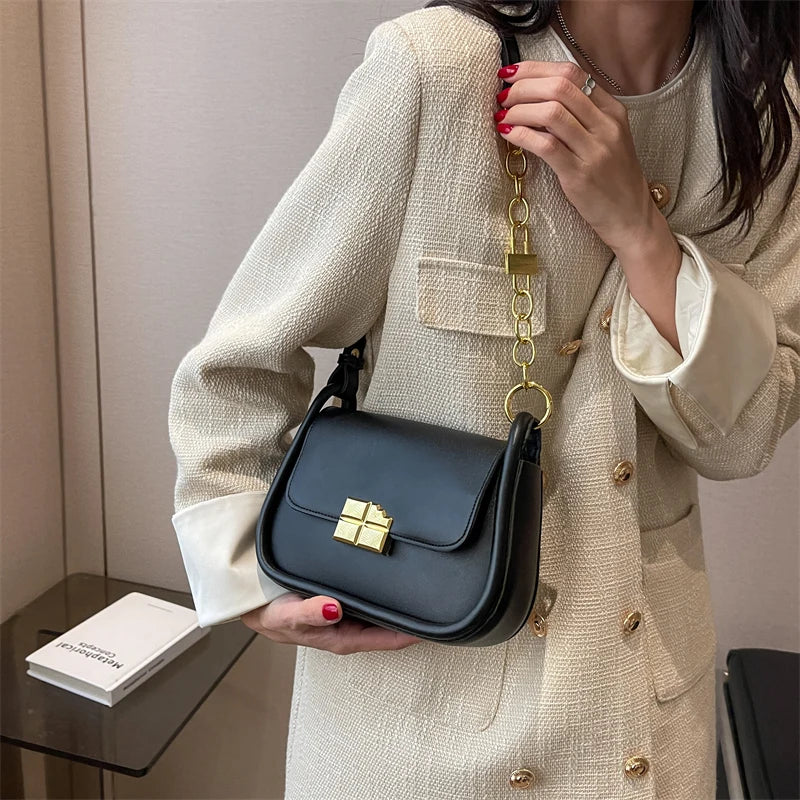 Small PU Leather Saddle Bag Chain Crossbody Purse for Women