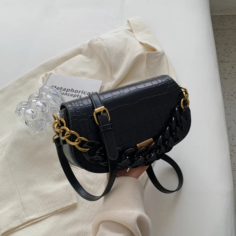 Thick Chain Saddle Bags Winter Leather Crossbody Handbag