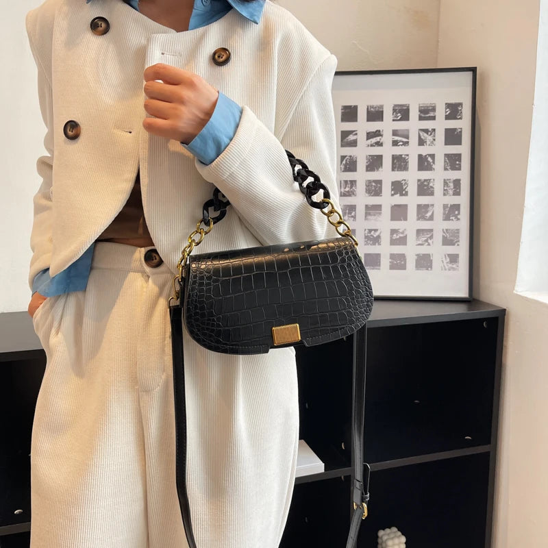 Thick Chain Saddle Bags Winter Leather Crossbody Handbag