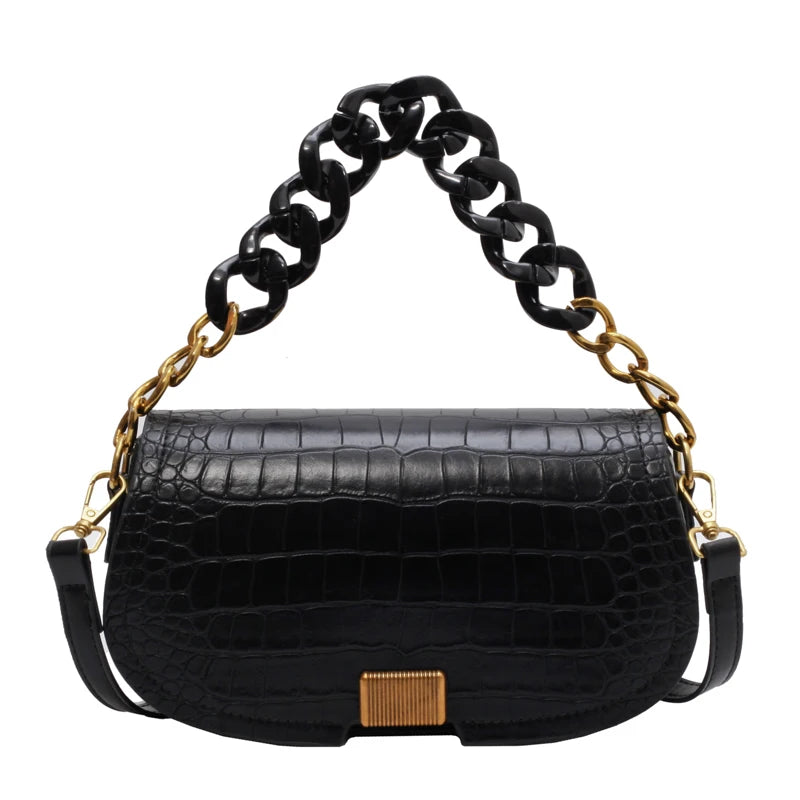 Thick Chain Saddle Bags Winter Leather Crossbody Handbag
