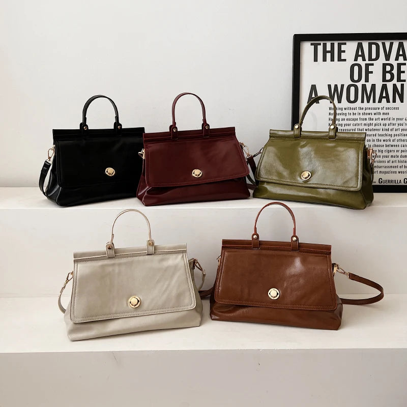 Vintage Leather Top Handle Tote Bag Women Winter Shoulder Crossbody