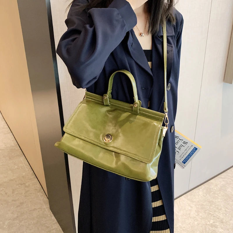 Vintage Leather Top Handle Tote Bag Women Winter Shoulder Crossbody