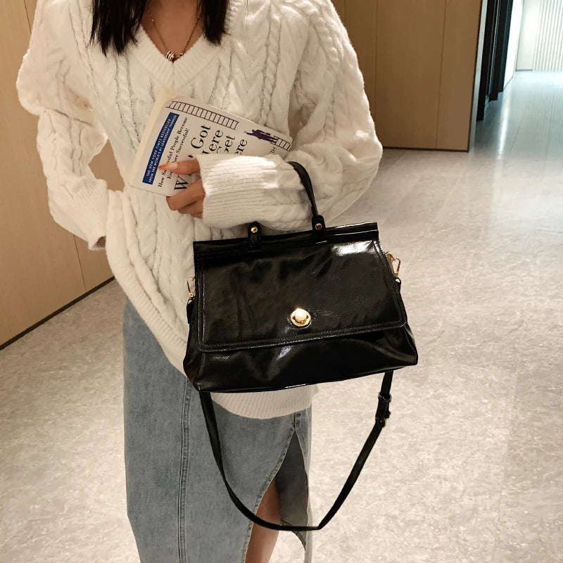 Vintage Leather Top Handle Tote Bag Women Winter Shoulder Crossbody