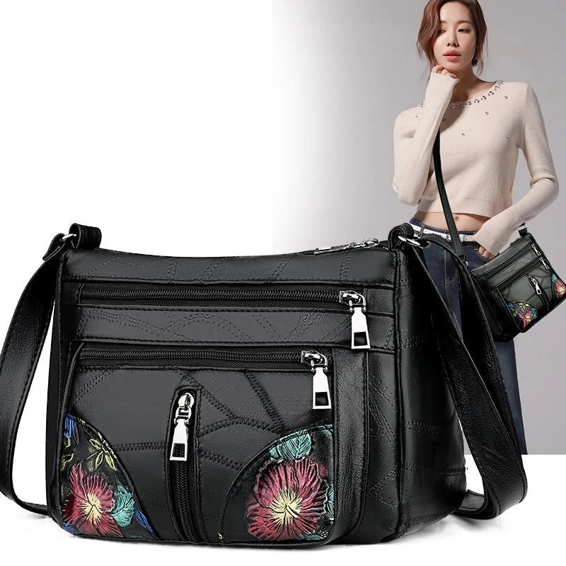 Women Messenger Shoulder Handbags with Flowers Multi-pocket Crossbody