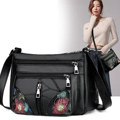 Women Messenger Shoulder Handbags with Flowers Multi-pocket Crossbody
