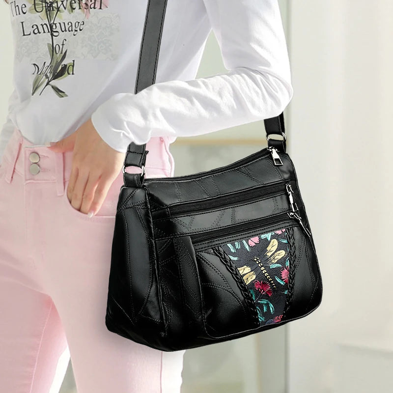 Women Messenger Shoulder Handbags with Flowers Multi-pocket Crossbody