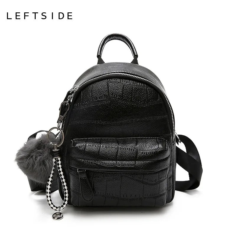 Stone Leather Mini Backpack for Women with Hairball