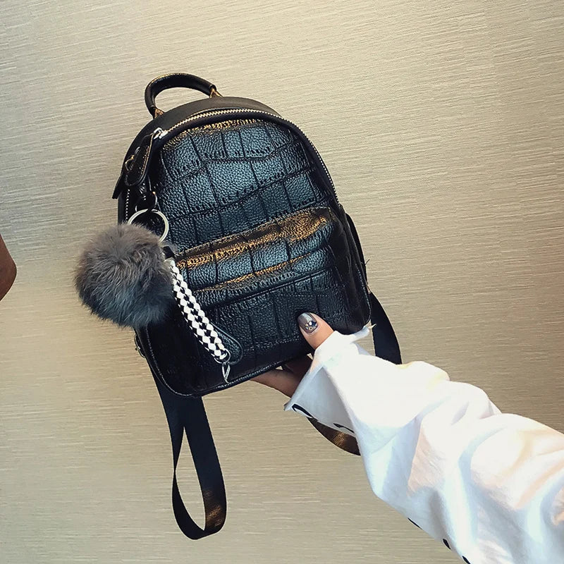 Stone Leather Mini Backpack for Women with Hairball