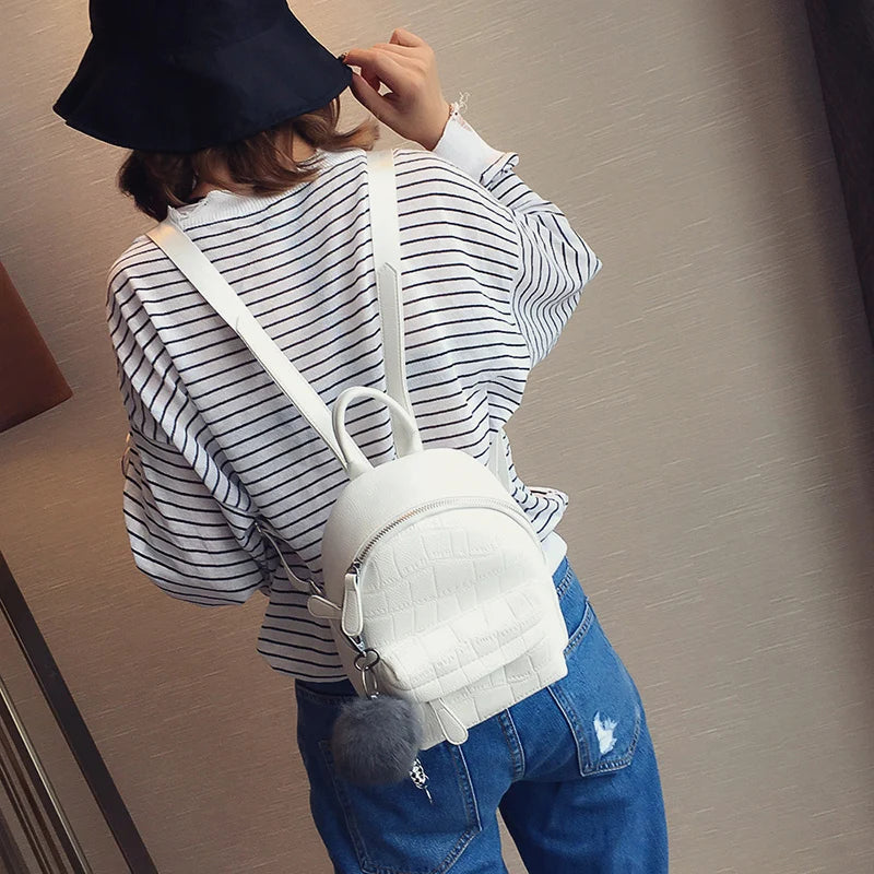 Stone Leather Mini Backpack for Women with Hairball