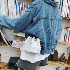 Embroidery Crossbody Bucket Bag Drawstring Messenger Handbag