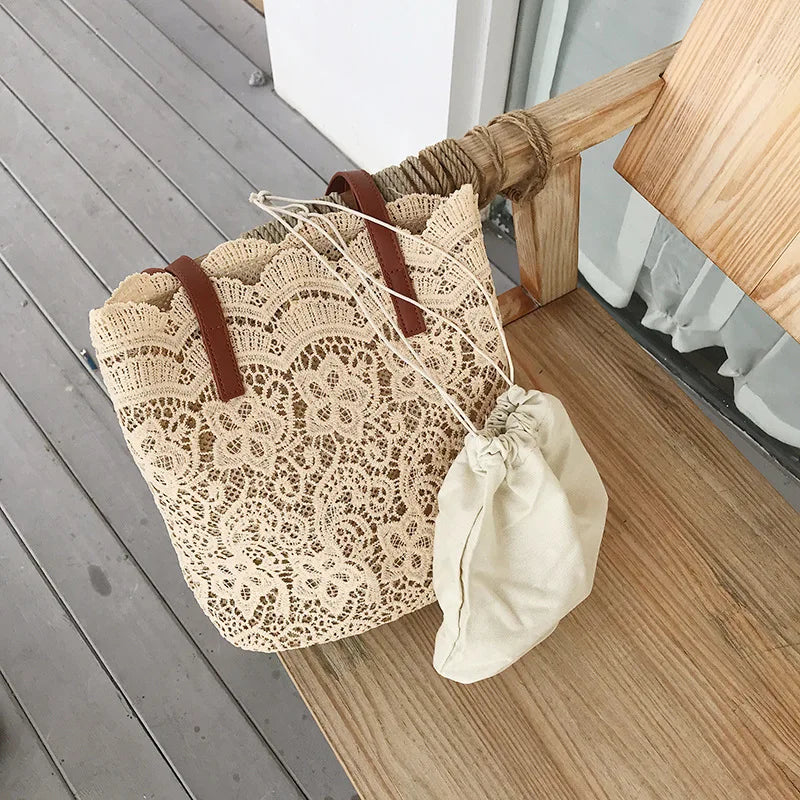 Embroidered Lace Tote Bag Shoulder Handbag Large Capacity Beach Bucket Bag