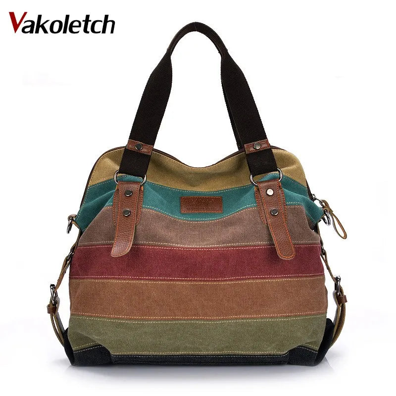 Ladies Rainbow Purse Pouch Canvas Bag Women Handbag Patchwork Casual Shoulder Ba