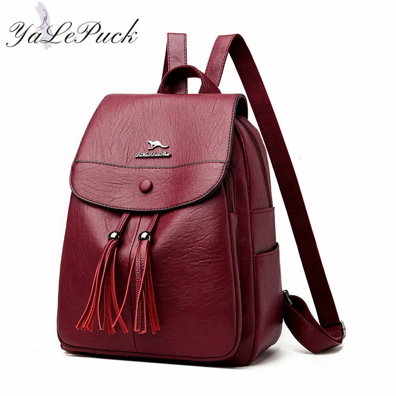 Leather Women Backpack Tassel School Bags Teenage Girls Sac A Dos
