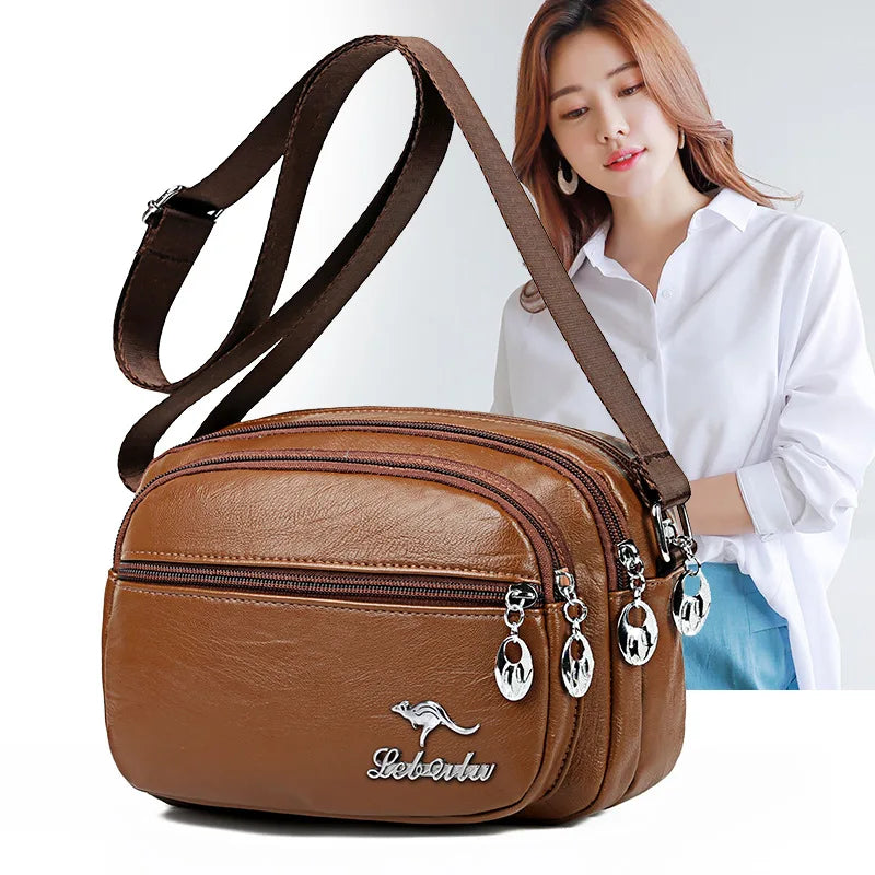 Ladies PU Leather Shoulder Bag Multi-layer Side Versatile Lady Crossbody Handbag