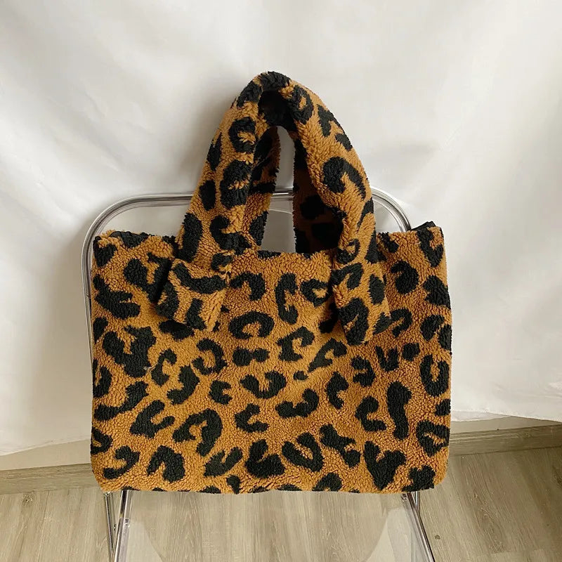 Casual Plush Handbag Tote Bag Large Capacity Leopard Print Shoulder Bags