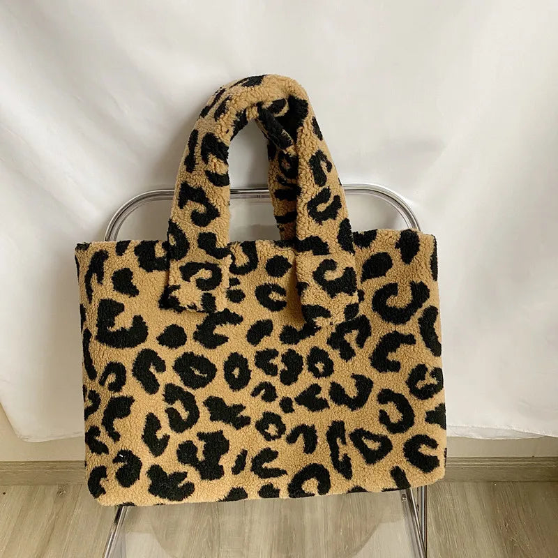 Casual Plush Handbag Tote Bag Large Capacity Leopard Print Shoulder Bags
