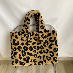 Casual Plush Handbag Tote Bag Large Capacity Leopard Print Shoulder Bags