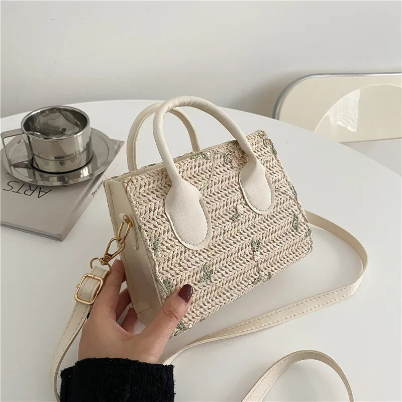 Daisy Woven Bag Straw Small Square Tote Handbag Leather Handle Crossbody