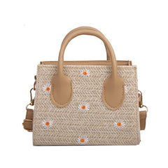 Daisy Woven Bag Straw Small Square Tote Handbag Leather Handle Crossbody