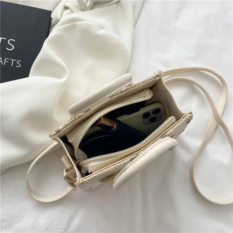 Daisy Woven Bag Straw Small Square Tote Handbag Leather Handle Crossbody