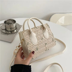 Daisy Woven Bag Straw Small Square Tote Handbag Leather Handle Crossbody