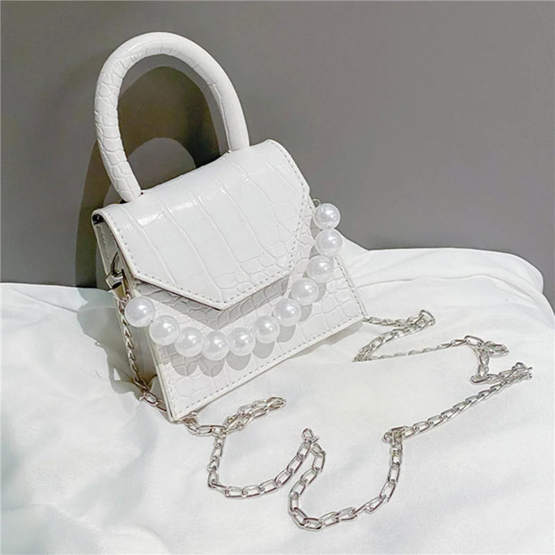 Women's Pearl Travel Bag Mini PU Leather Shoulder Bags Stone Pattern Crossbody
