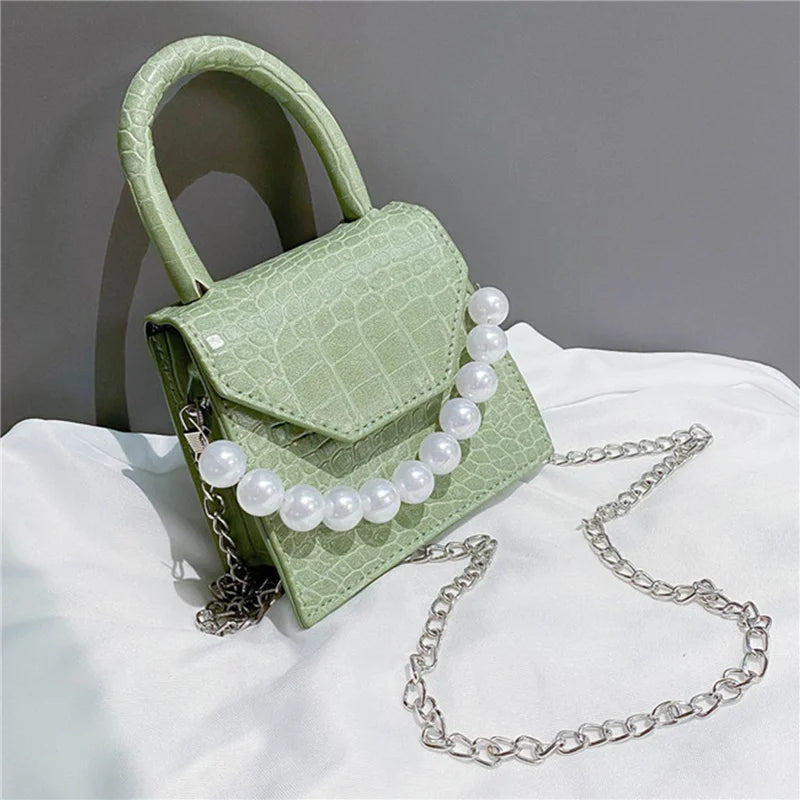 Women's Pearl Travel Bag Mini PU Leather Shoulder Bags Stone Pattern Crossbody