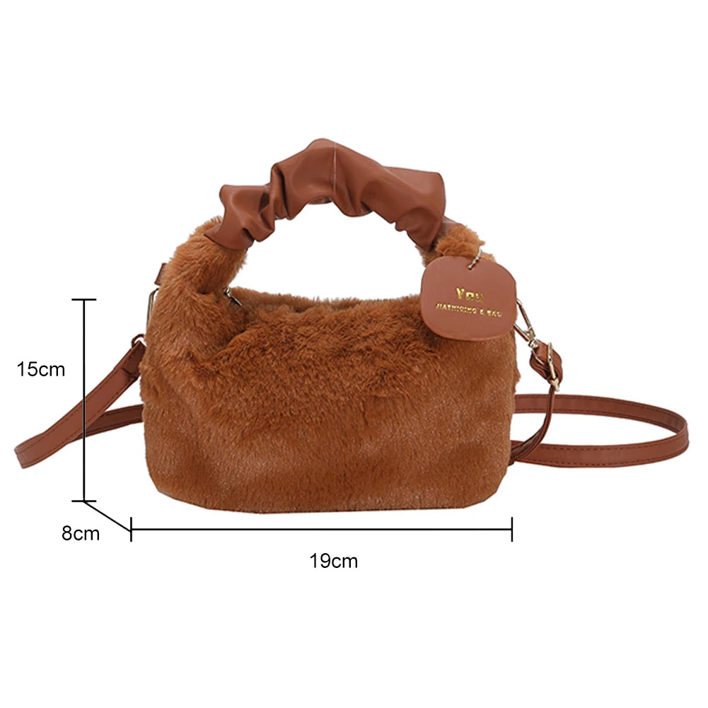 Ladies Small Plush Faux Fur Handbag Leather Handle Clutch Tote Purse