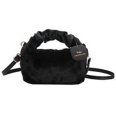 Ladies Small Plush Faux Fur Handbag Leather Handle Clutch Tote Purse