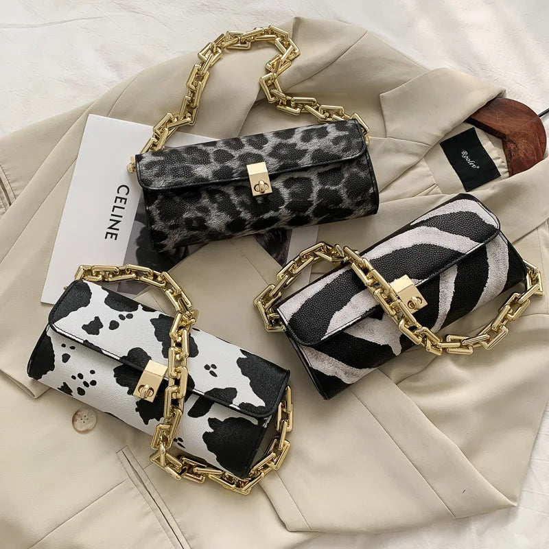 Cow Pattern Chain Shoulder Handbag Lock Shopping Travel Wallet Bag