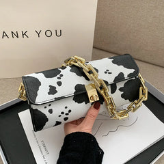 Cow Pattern Chain Shoulder Handbag Lock Shopping Travel Wallet Bag