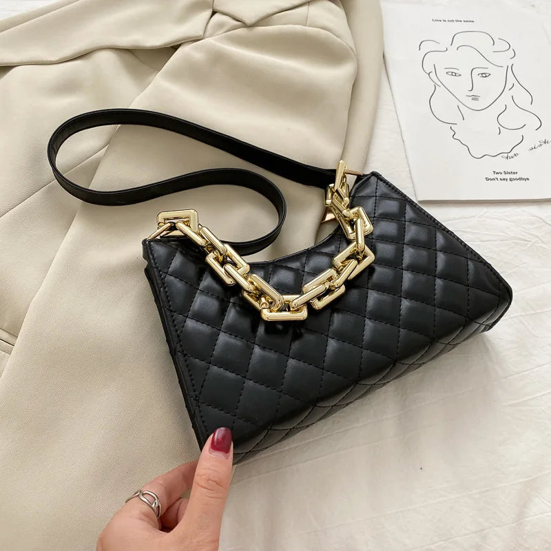 Rhombus Check Leather Shoulder Handbag Chain Zipper Wallet Purses