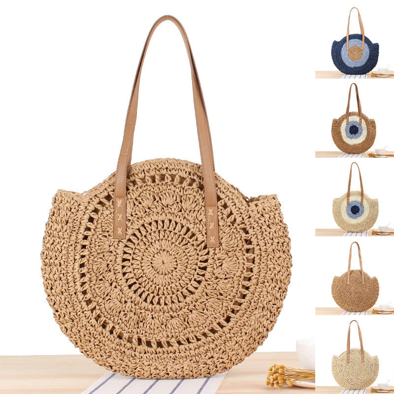 Ladies Straw Woven Tote Beach Handbag Retro Bohemia Buckle Raffia Cane