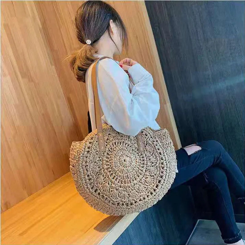 Ladies Straw Woven Tote Beach Handbag Retro Bohemia Buckle Raffia Cane
