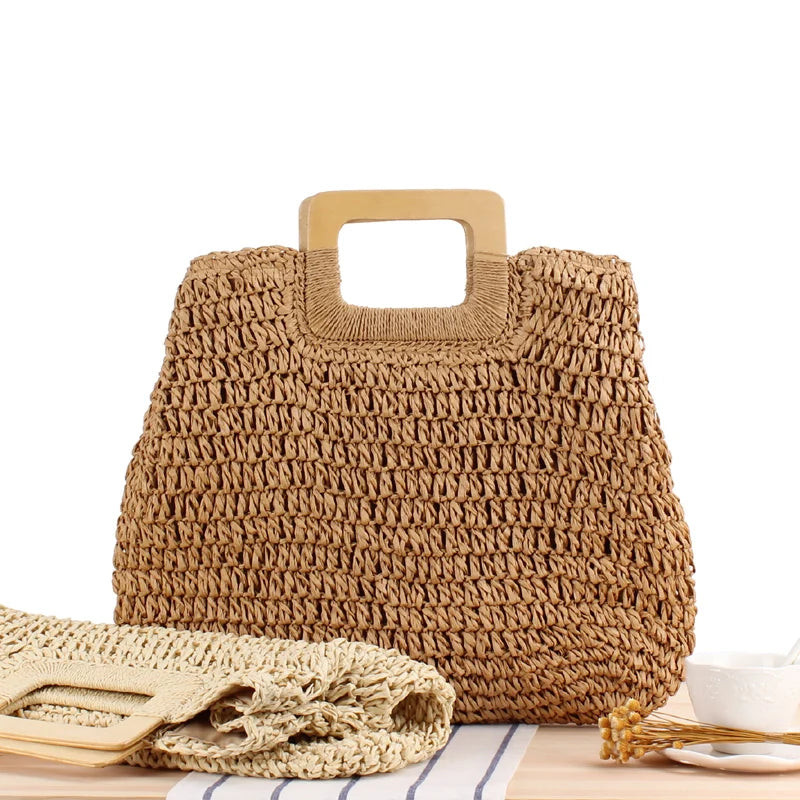 Ladies Straw Woven Tote Beach Handbag Retro Bohemia Buckle Raffia Cane