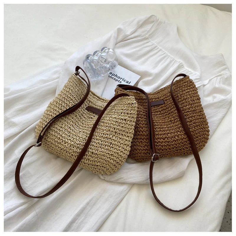 Summer Straw Crossbody Bag for Women, Beach Holiday Woven Shoulder Handbag