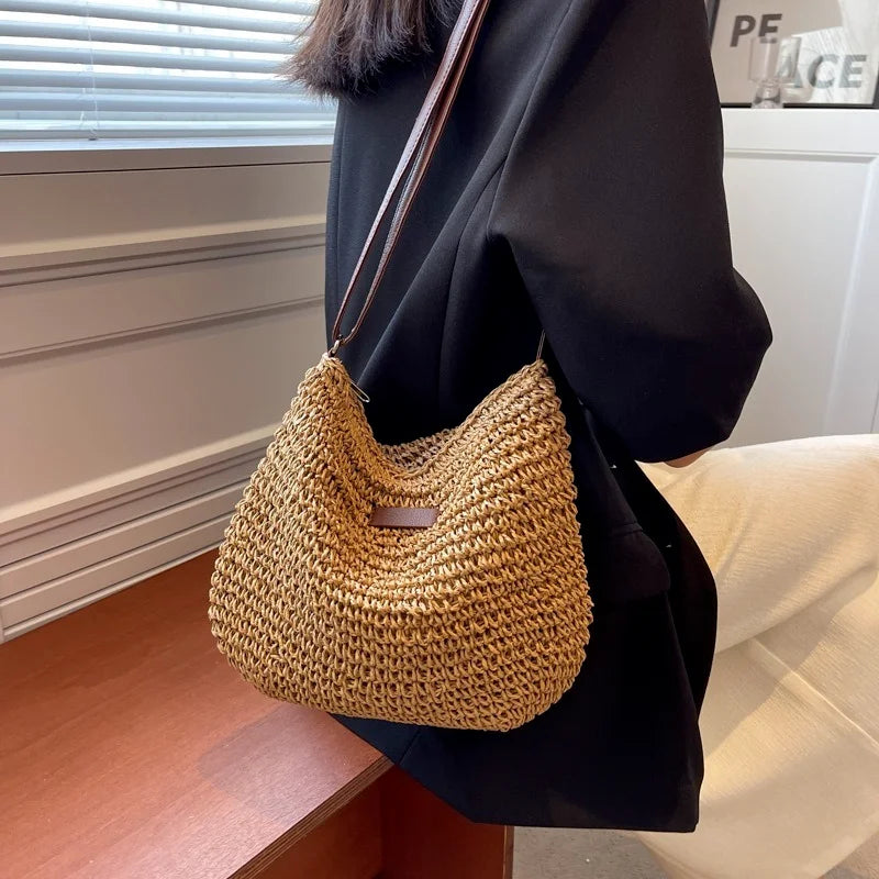 Summer Straw Crossbody Bag for Women, Beach Holiday Woven Shoulder Handbag