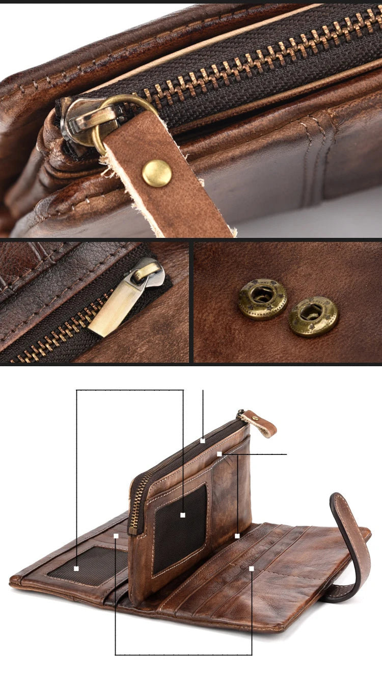 Vintage Wax Oil Skin Long Wallet Men Women Leather Notecase