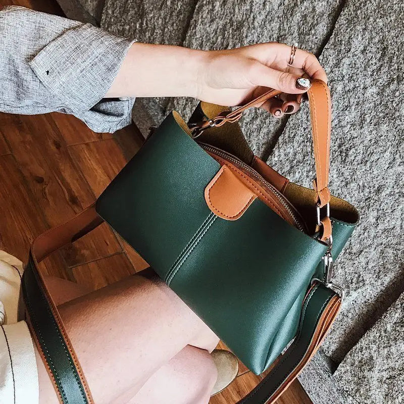 Green Leather Shoulder Bag Short Handles Women's Handbag Large Capacity