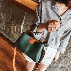 Green Leather Shoulder Bag Short Handles Women's Handbag Large Capacity