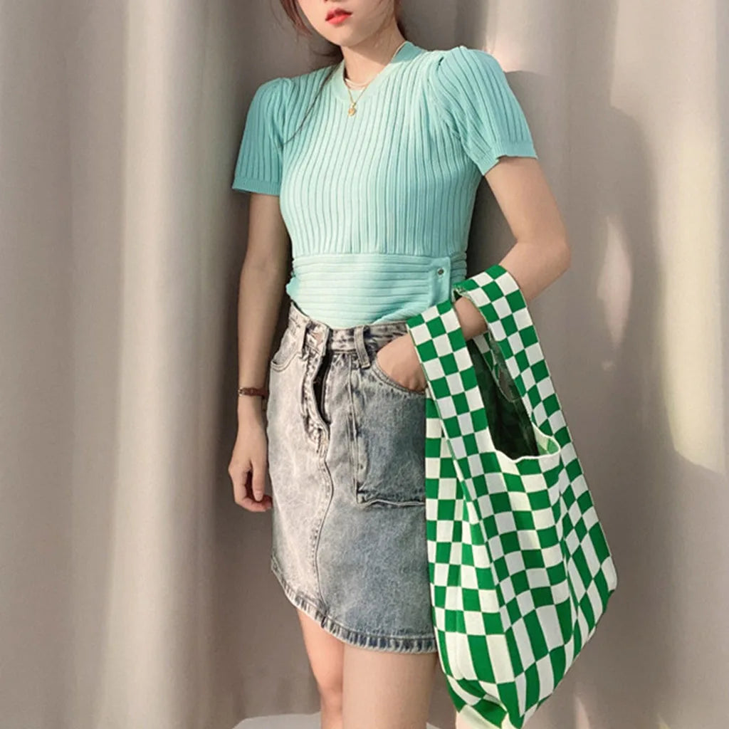 Grid PatternKnitting Shoulder Bag Women Handbag Causal Women's Handbag