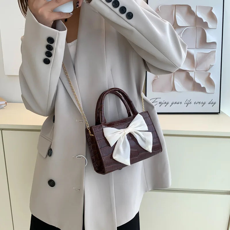 Women's Bow Top-handle Crocodile Pattern Purse Chain Messenger Bag