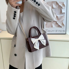 Women's Bow Top-handle Crocodile Pattern Purse Chain Messenger Bag