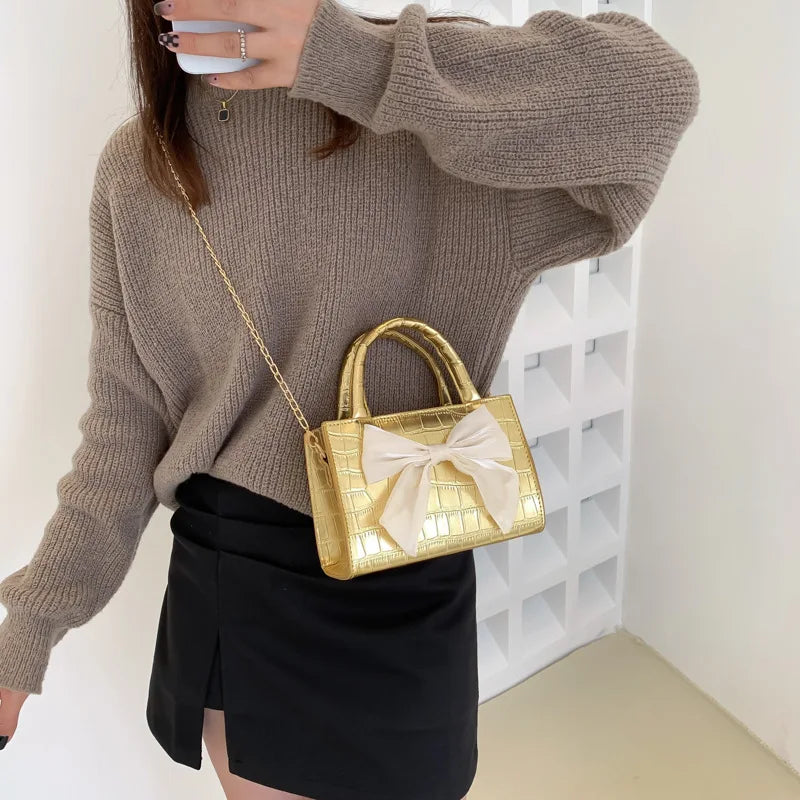 Women's Bow Top-handle Crocodile Pattern Purse Chain Messenger Bag